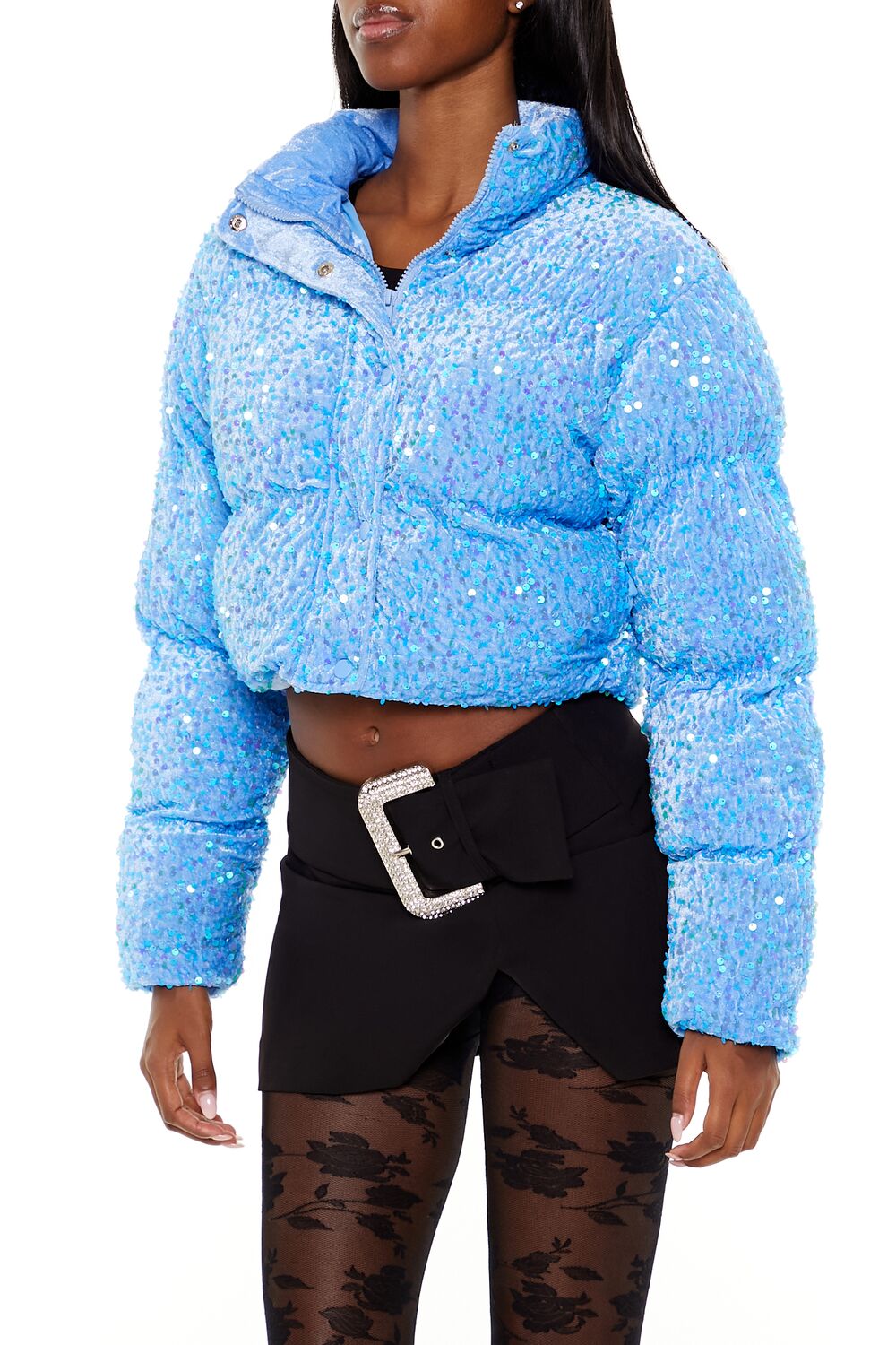  Forever 21 Sequin Faux Fur Puffer Jacket - black - Bonton