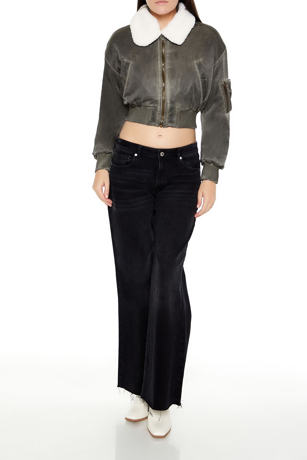  Forever 21 Oil Wash Cropped Bomber Jacket - dark-brown-swatch - Bonton