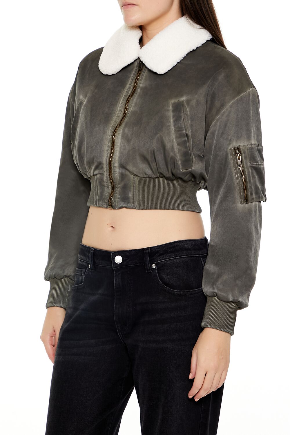  Forever 21 Oil Wash Cropped Bomber Jacket - dark-brown-swatch - Bonton