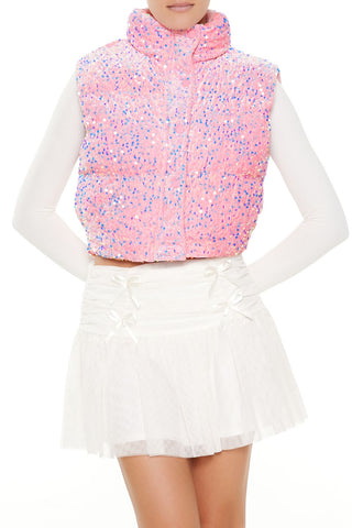 Iridescent Sequin Faux Fur Vest