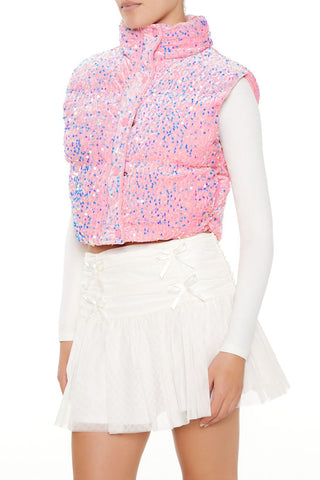 Iridescent Sequin Faux Fur Vest