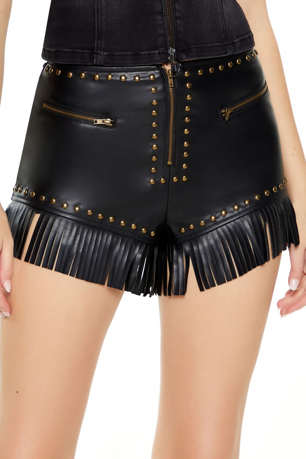  Forever 21 Faux Leather Fringe-Trim Shorts - black - Bonton