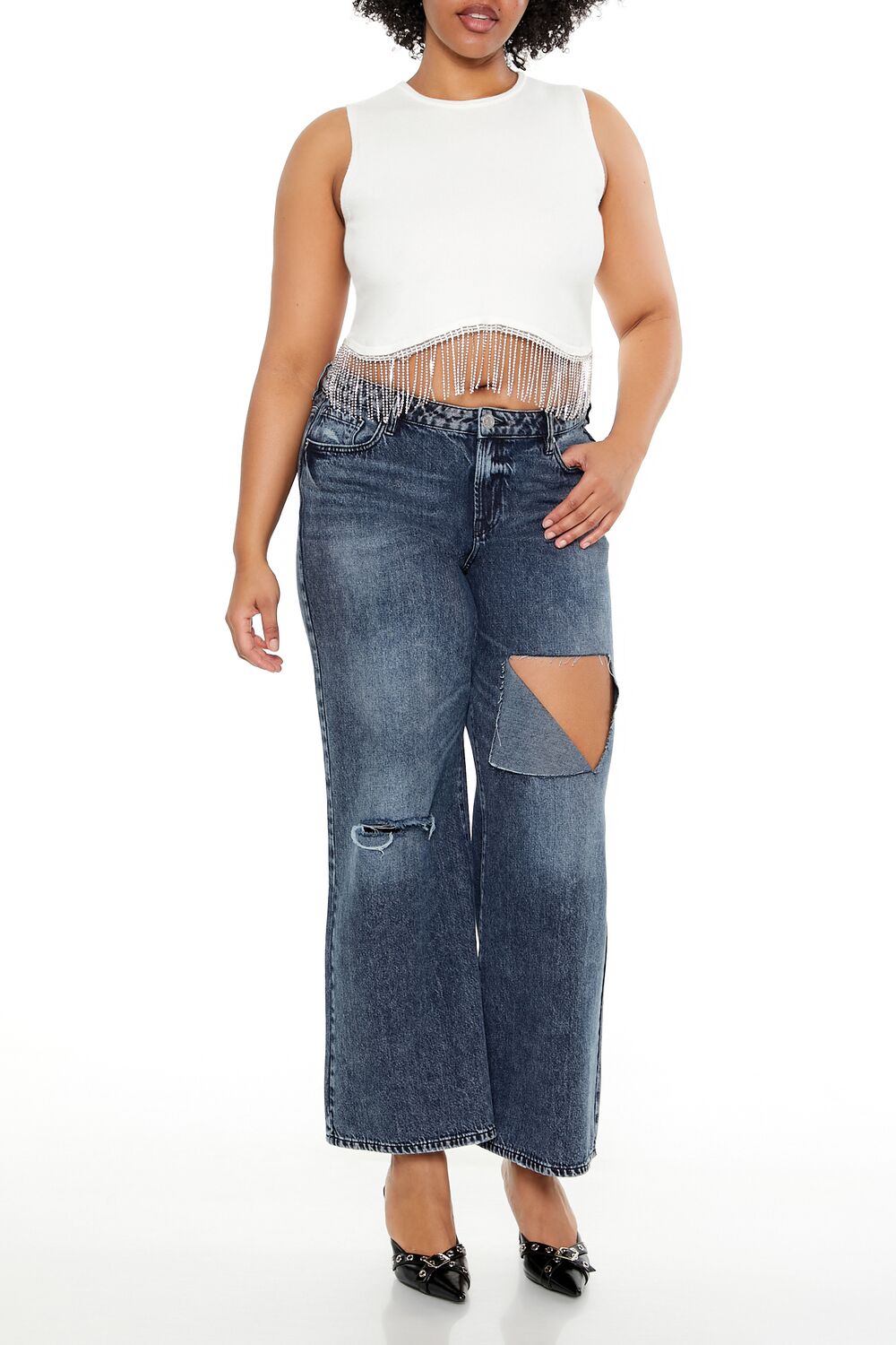  Forever 21 Plus Size Sweater-Knit Rhinestone Crop Top - white - Bonton