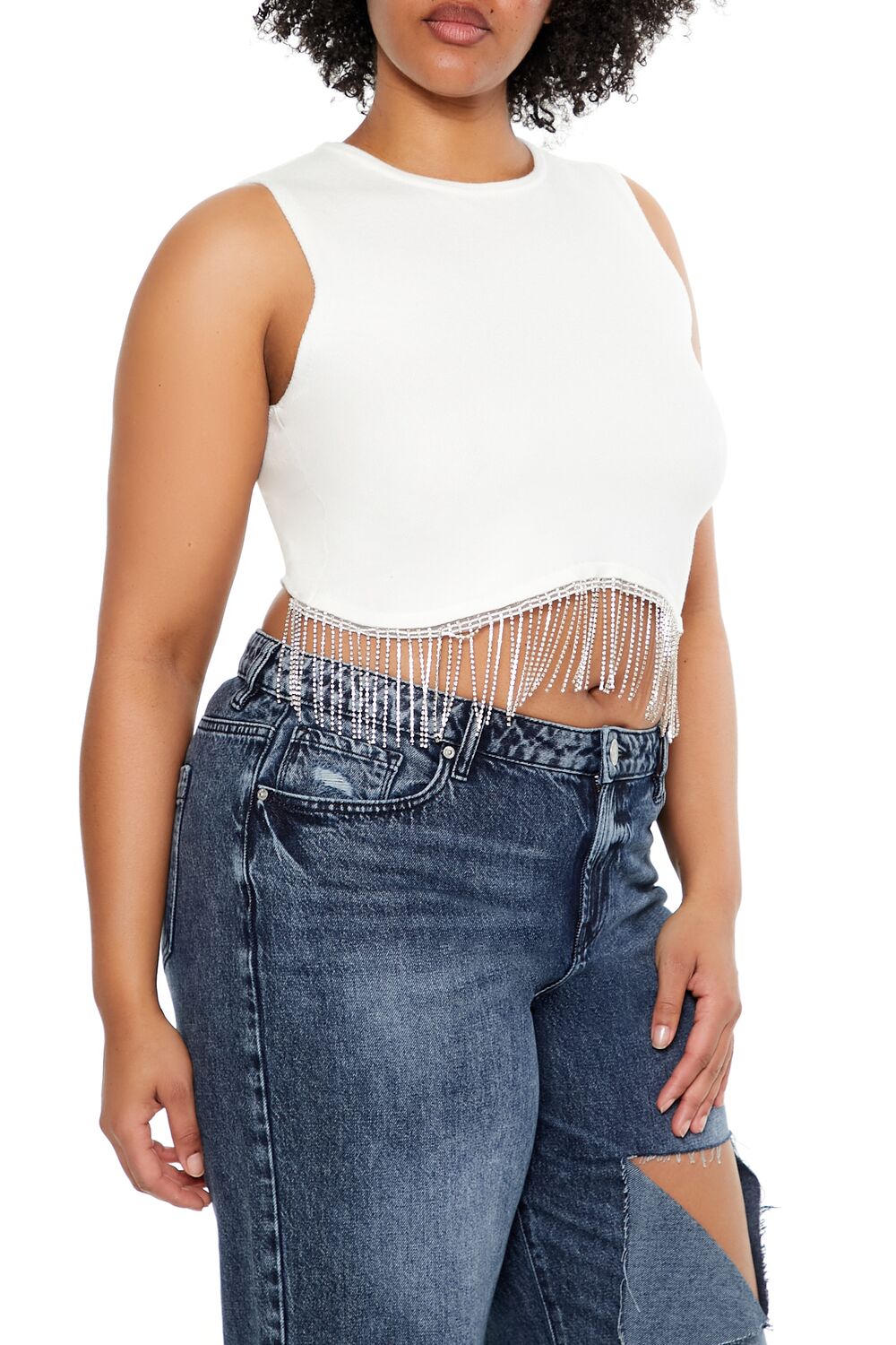  Forever 21 Plus Size Sweater-Knit Rhinestone Crop Top - white - Bonton