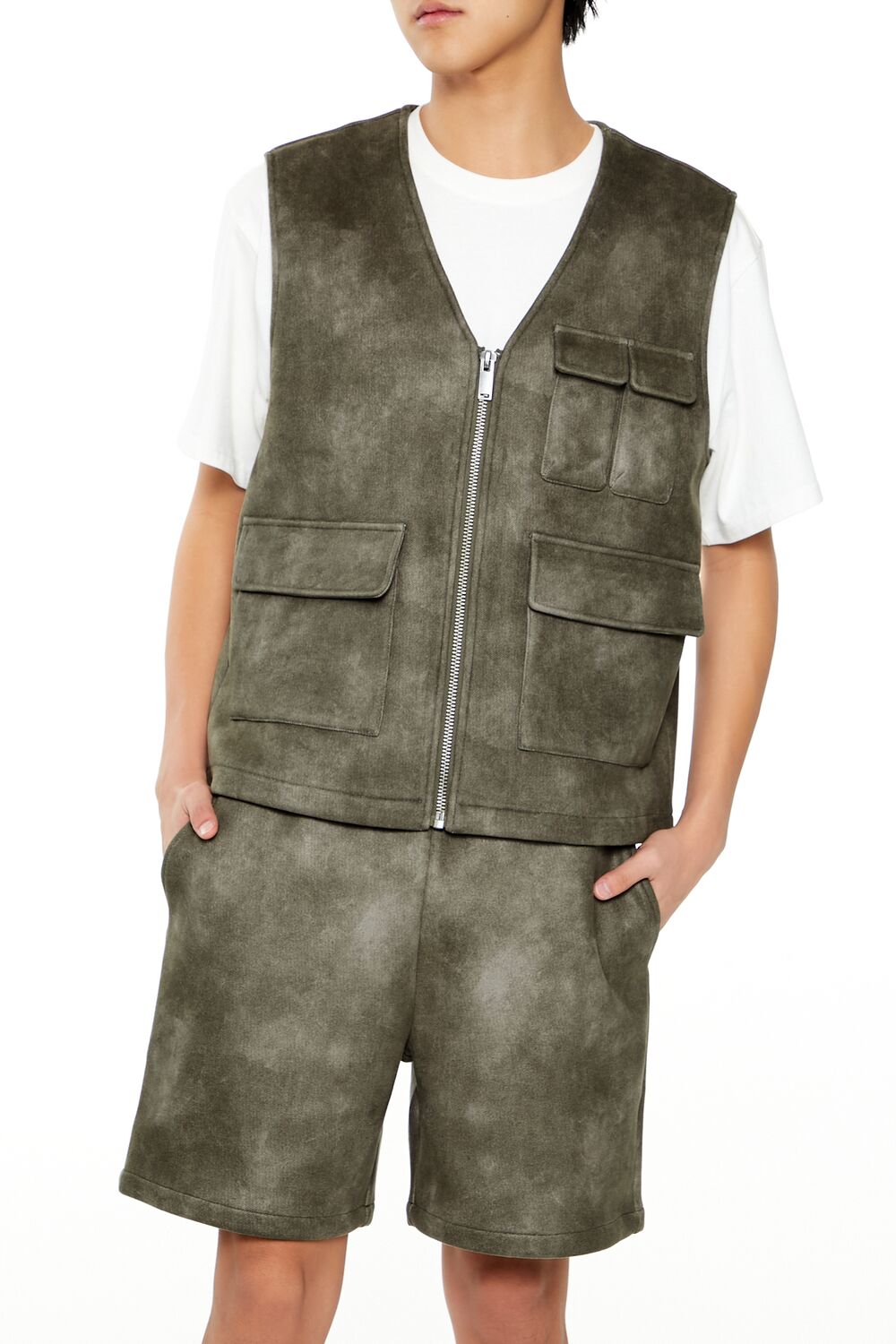  Forever 21 Mineral Wash Cargo Vest - olive - Bonton