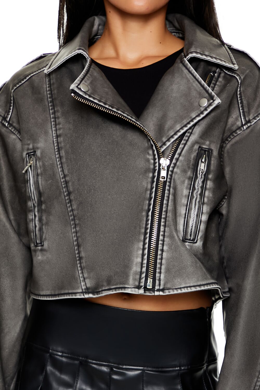  Forever 21 Faux Leather Cropped Moto Jacket - black-swatch - Bonton