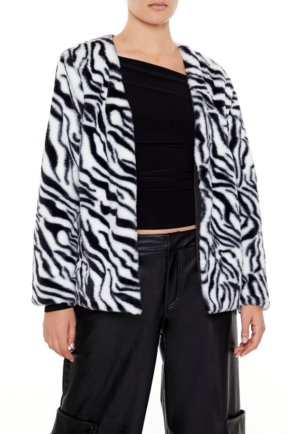  Forever 21 Zebra Print Faux Fur Coat - black-white - Bonton