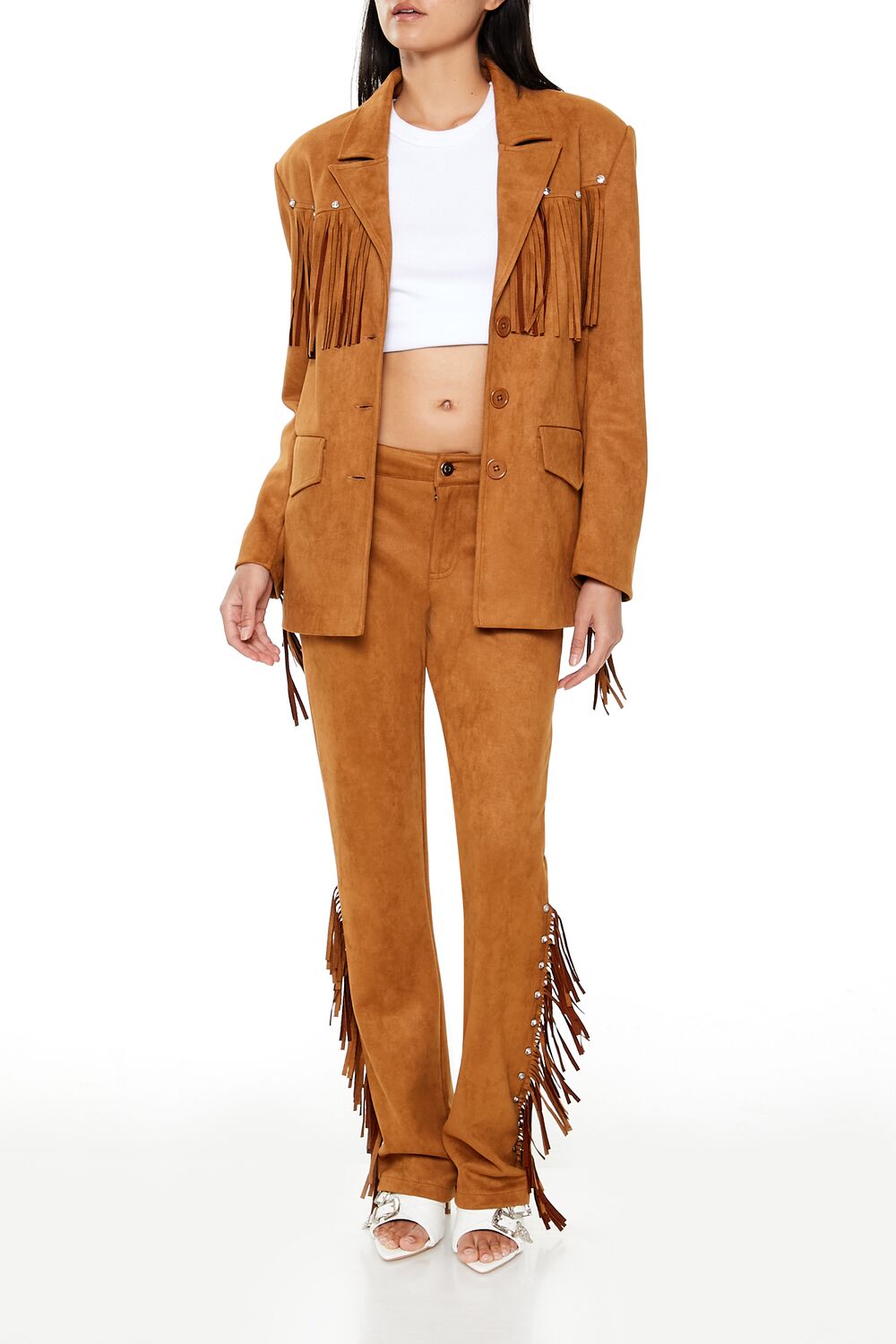  Forever 21 Rhinestone Fringe Faux Suede Pants - pine-bark - Bonton