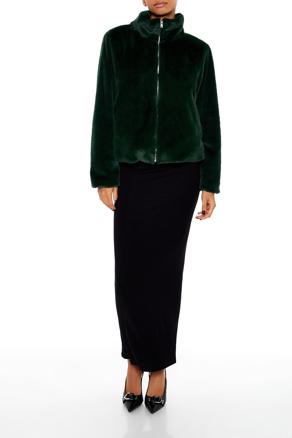  Forever 21 Faux Fur Zip-Up Coat - hunter-green - Bonton