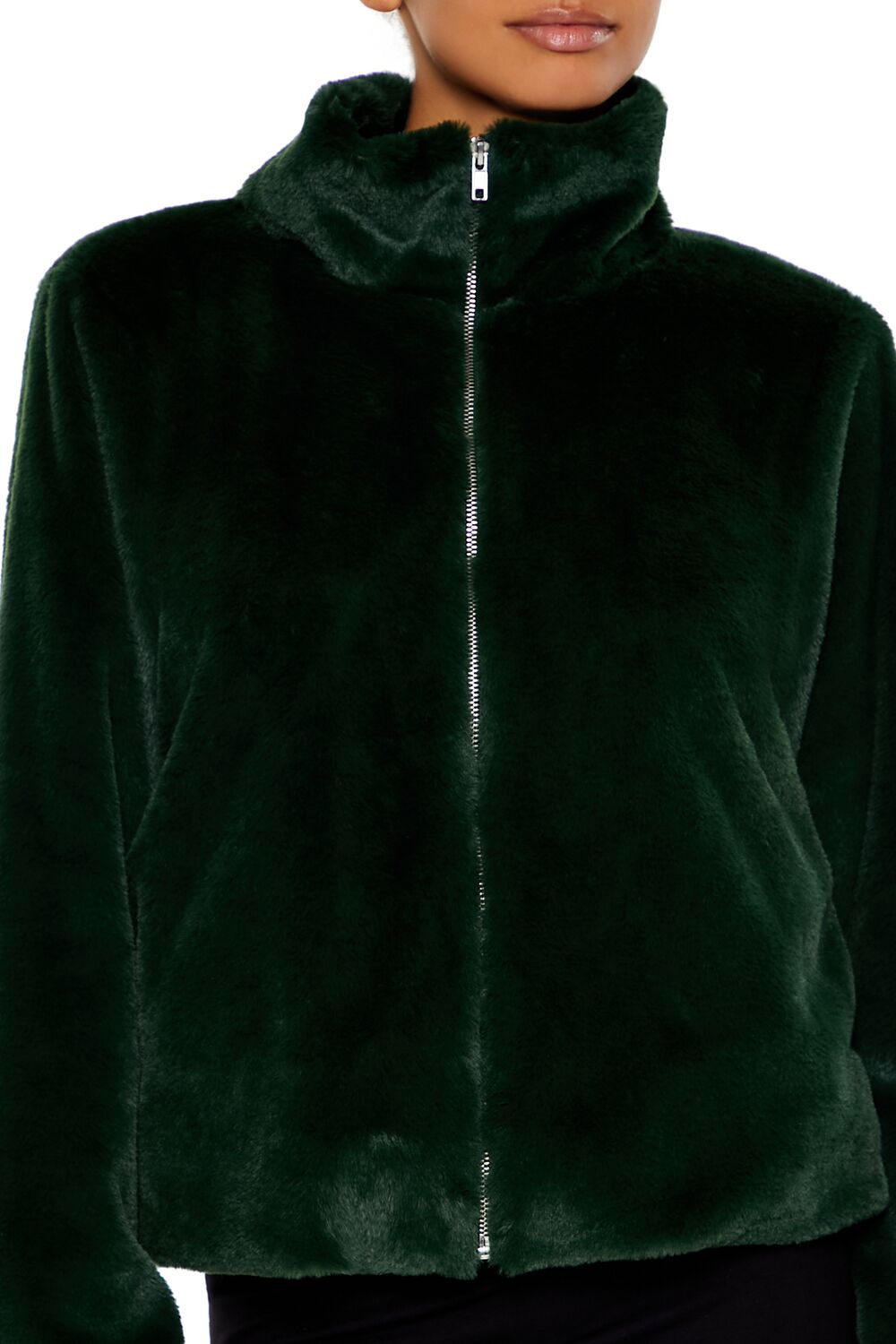  Forever 21 Faux Fur Zip-Up Coat - hunter-green - Bonton