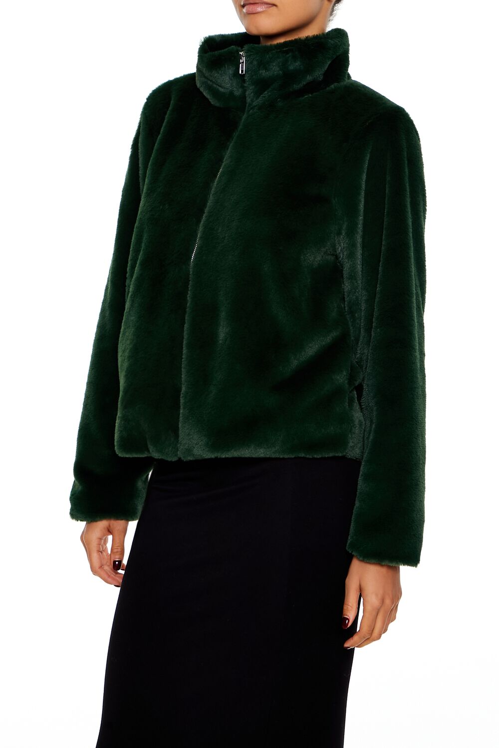  Forever 21 Faux Fur Zip-Up Coat - hunter-green - Bonton