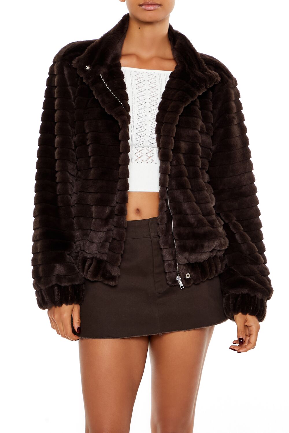  Forever 21 Quilted Faux Fur Bomber Jacket - walnut - Bonton