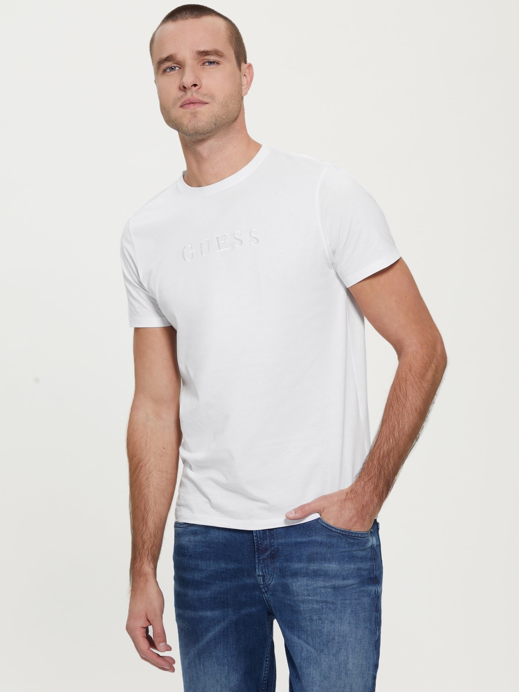  Guess Men's Embroidered Logo Tee - Pure White - Bonton