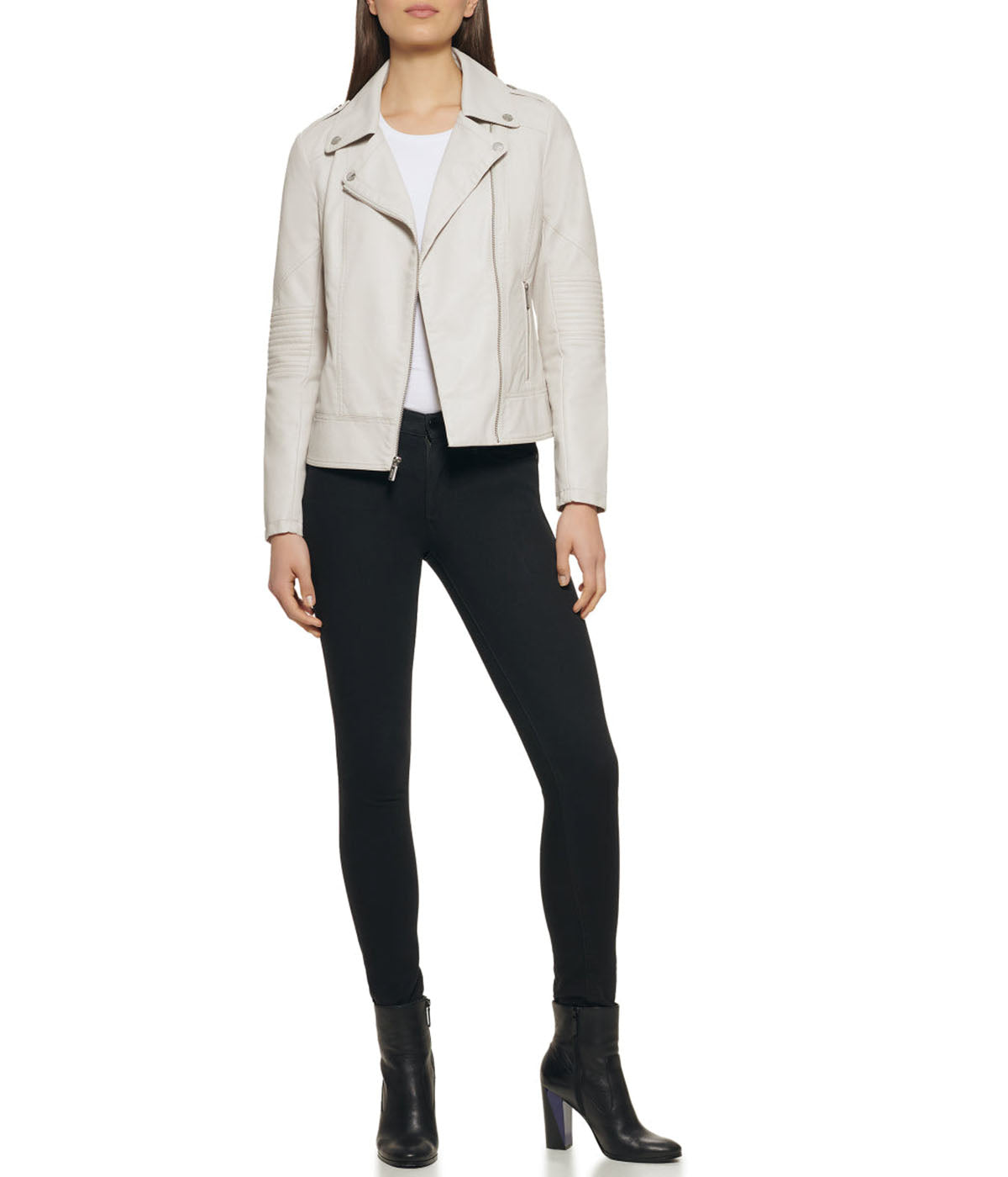  GUESS Faux Leather Asymmetrical Moto Jacket Stone - Stone - Bonton