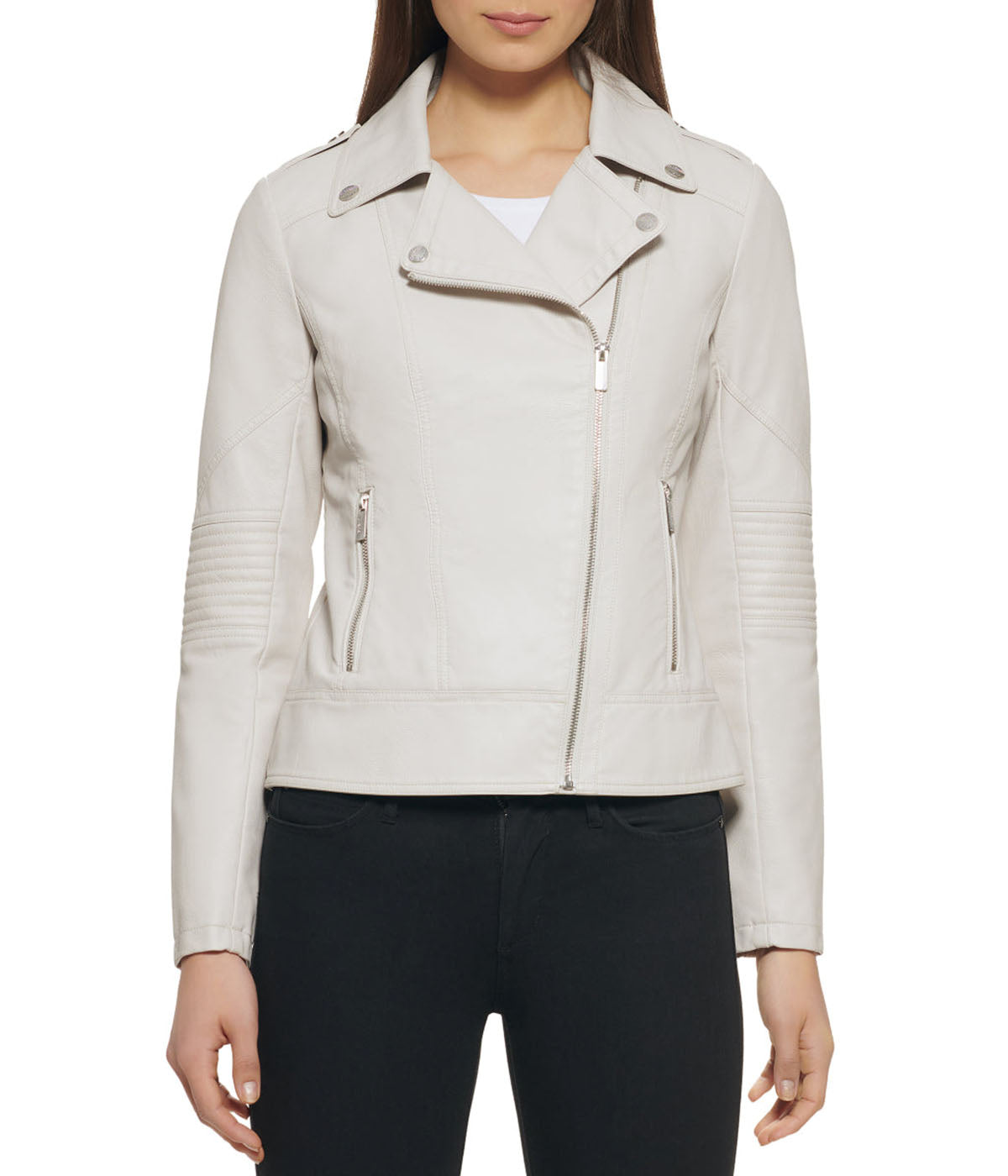  GUESS Faux Leather Asymmetrical Moto Jacket Stone - Stone - Bonton
