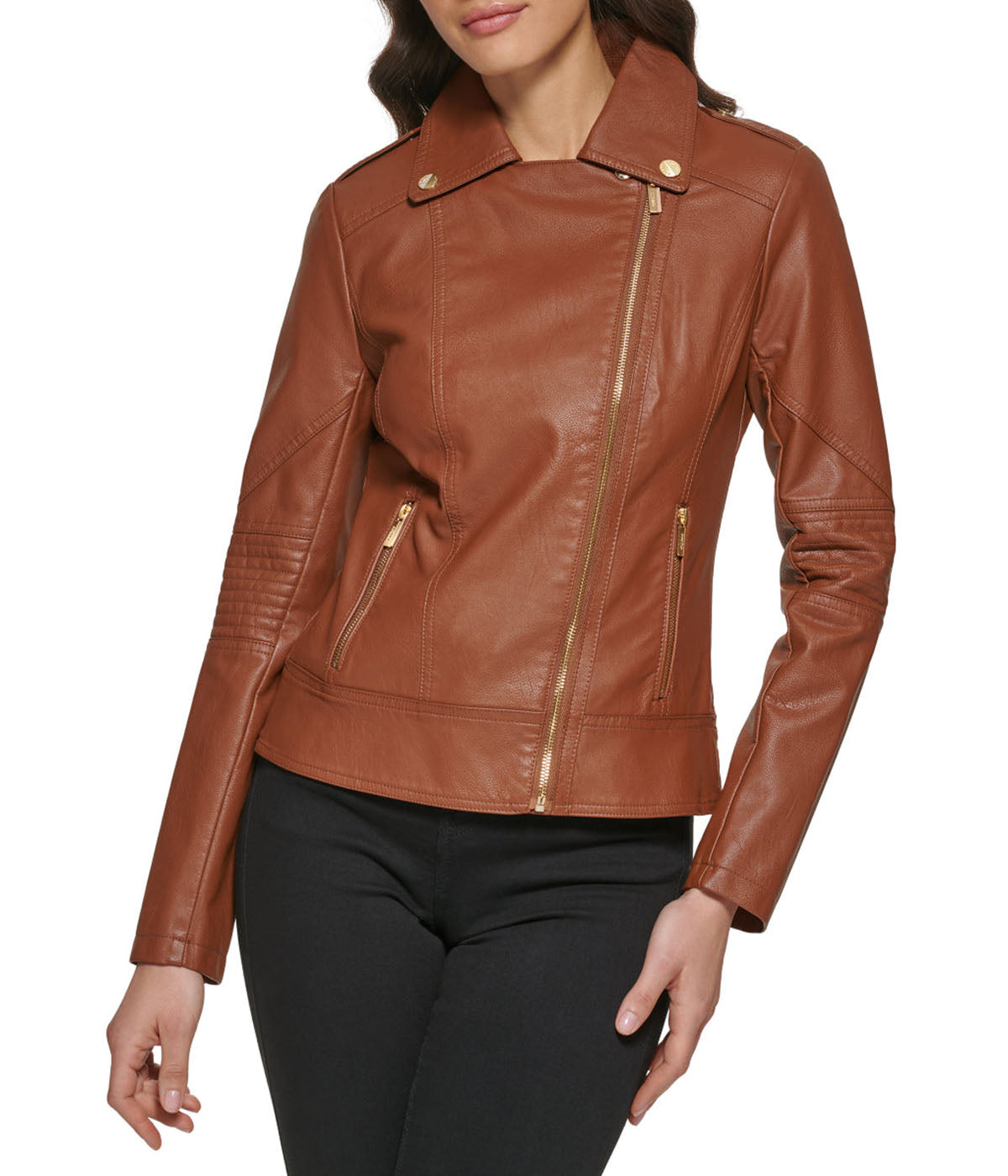  GUESS Faux Leather Asymmetrical Moto Jacket Cognac - Cognac - Bonton