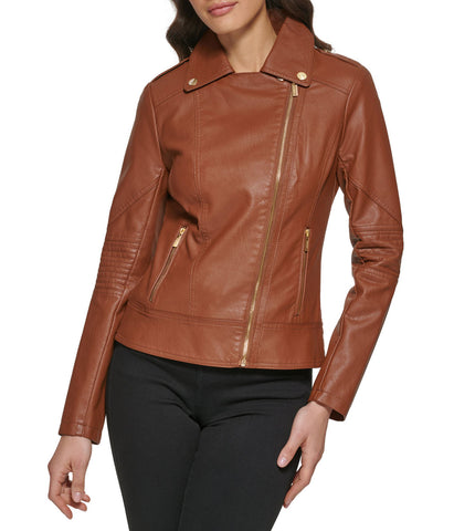 Faux Leather Asymmetrical Moto Jacket Cognac