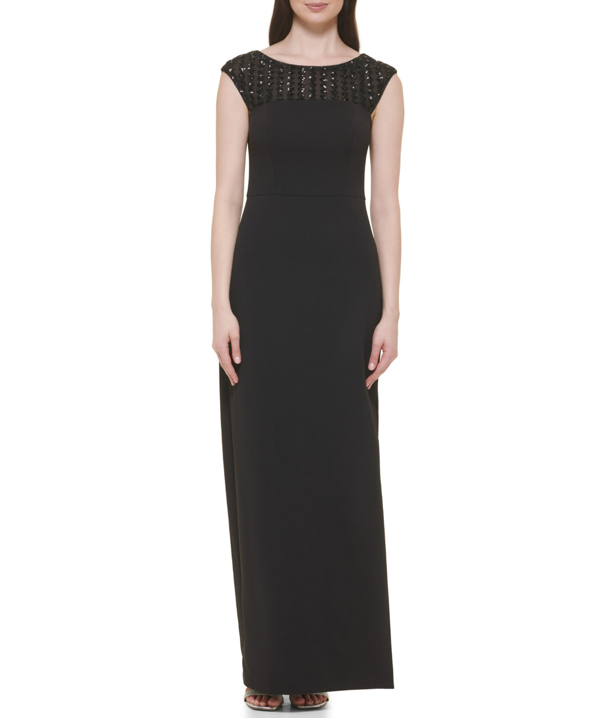  Vince Camuto Cap Sleeve Boat Shape Illusion Neck Gown W/ Side Slit Black Gold - Black Gold - Bonton