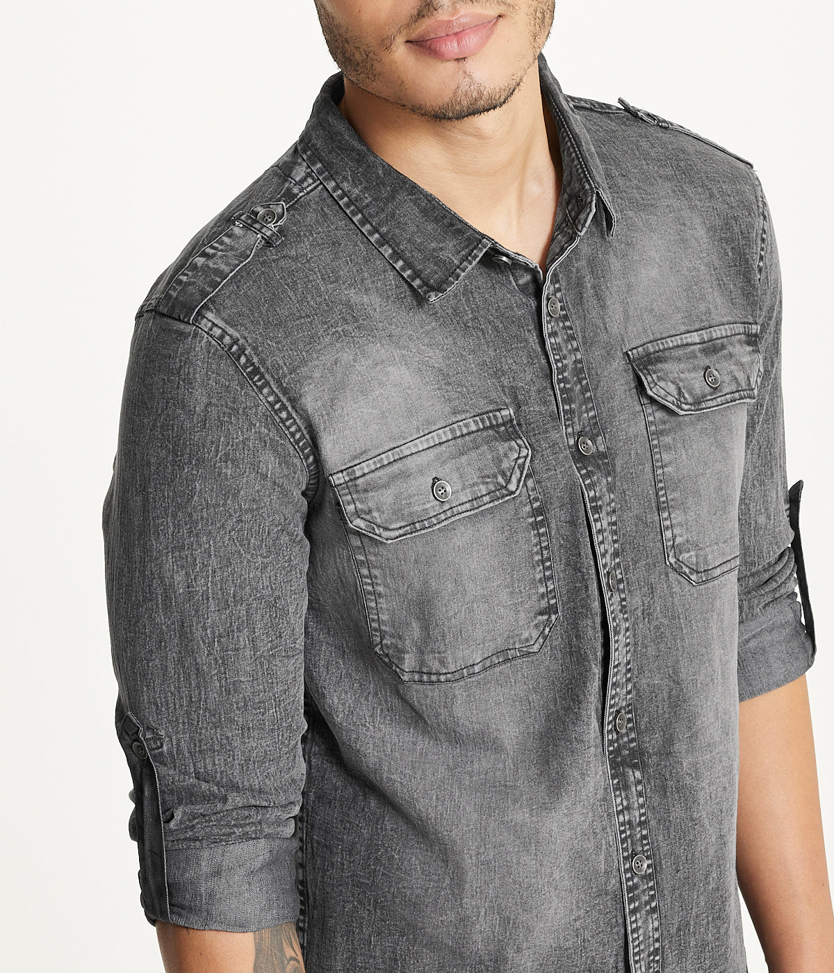  Brooklyn Laundry Men's Brooklyn Laundry Long Sleeve Stretch Denim Shirt - Black Wash - Bonton