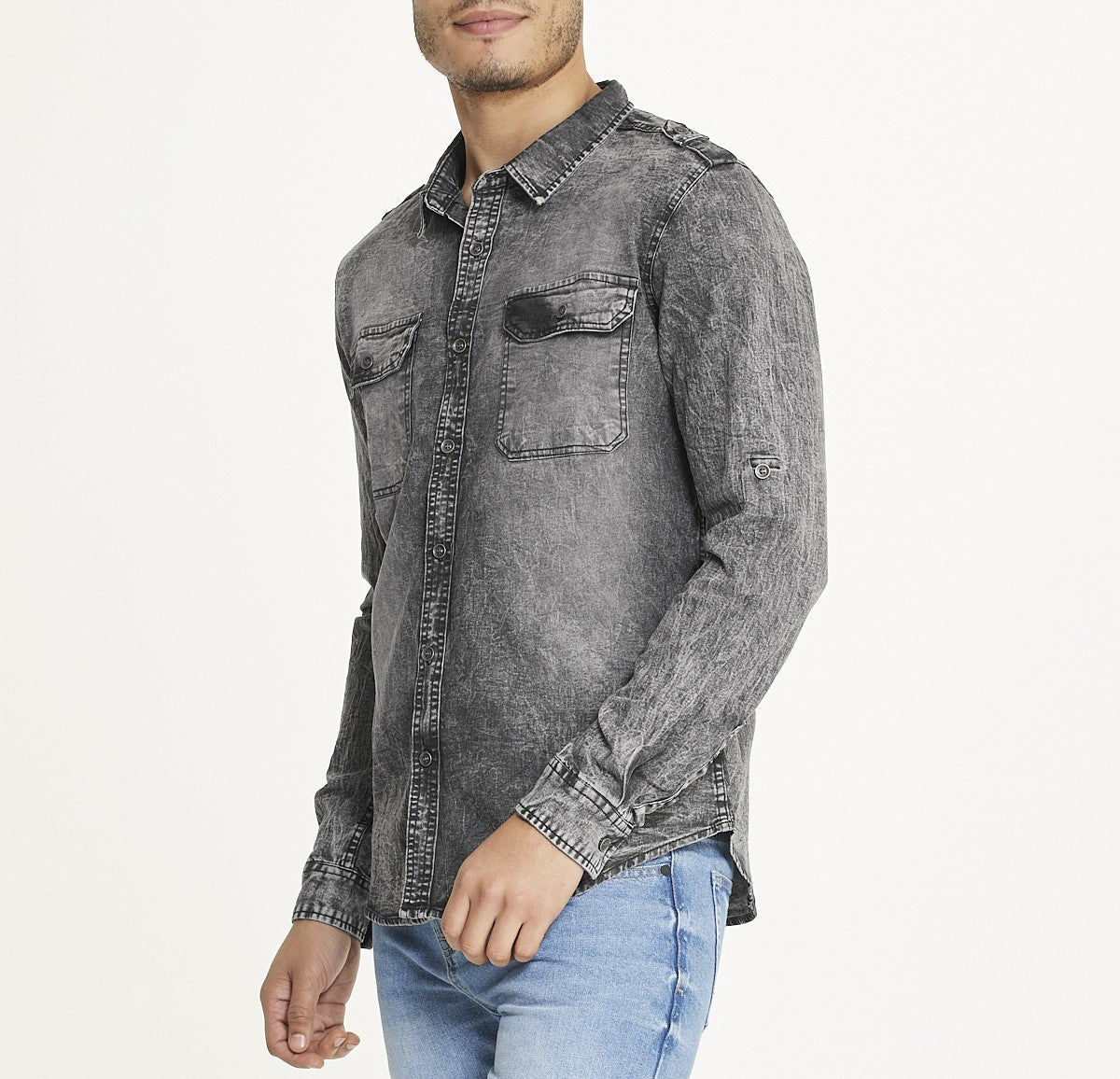  Brooklyn Laundry Men's Brooklyn Laundry Long Sleeve Stretch Denim Shirt 4 - Grey Acid - Bonton