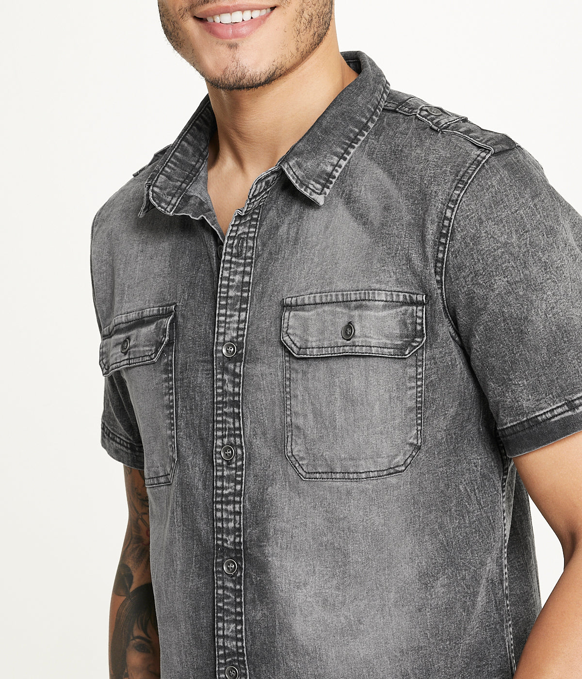  Brooklyn Laundry Brooklyn Laundry Men's Short Sleeve Stretch Denim Shirt - Black Wash - Bonton