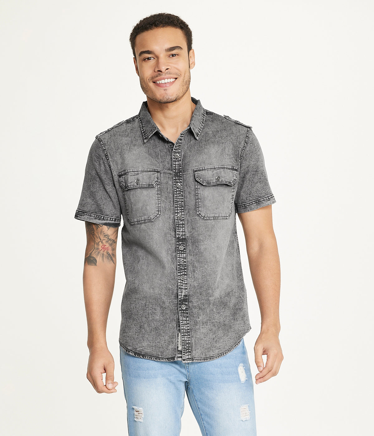  Brooklyn Laundry Brooklyn Laundry Men's Short Sleeve Stretch Denim Shirt 3 - Grey Acid - Bonton