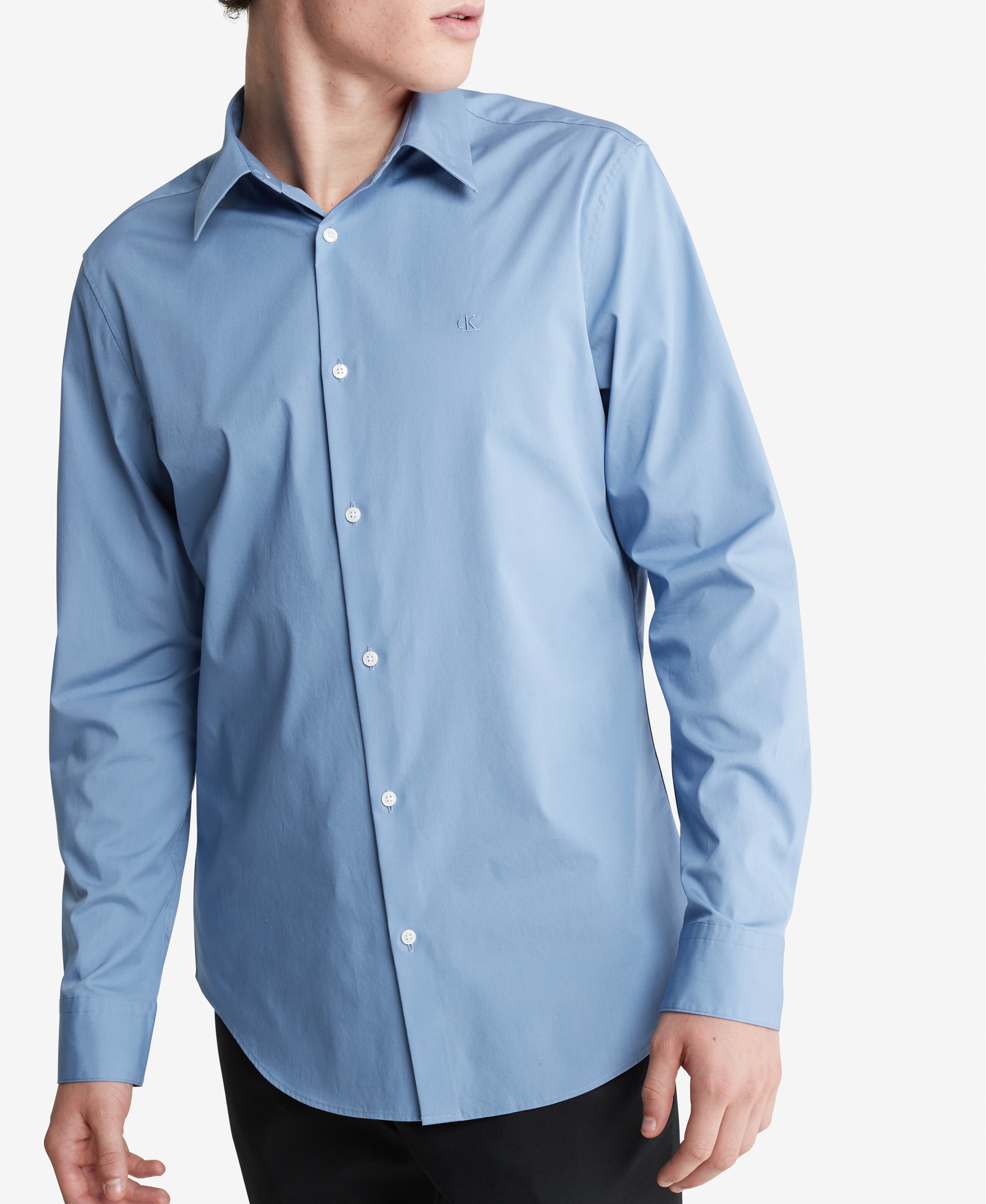  Calvin Klein Long Sleeve Solid Stretch Slim Woven Shirt Blue - Blue - Bonton