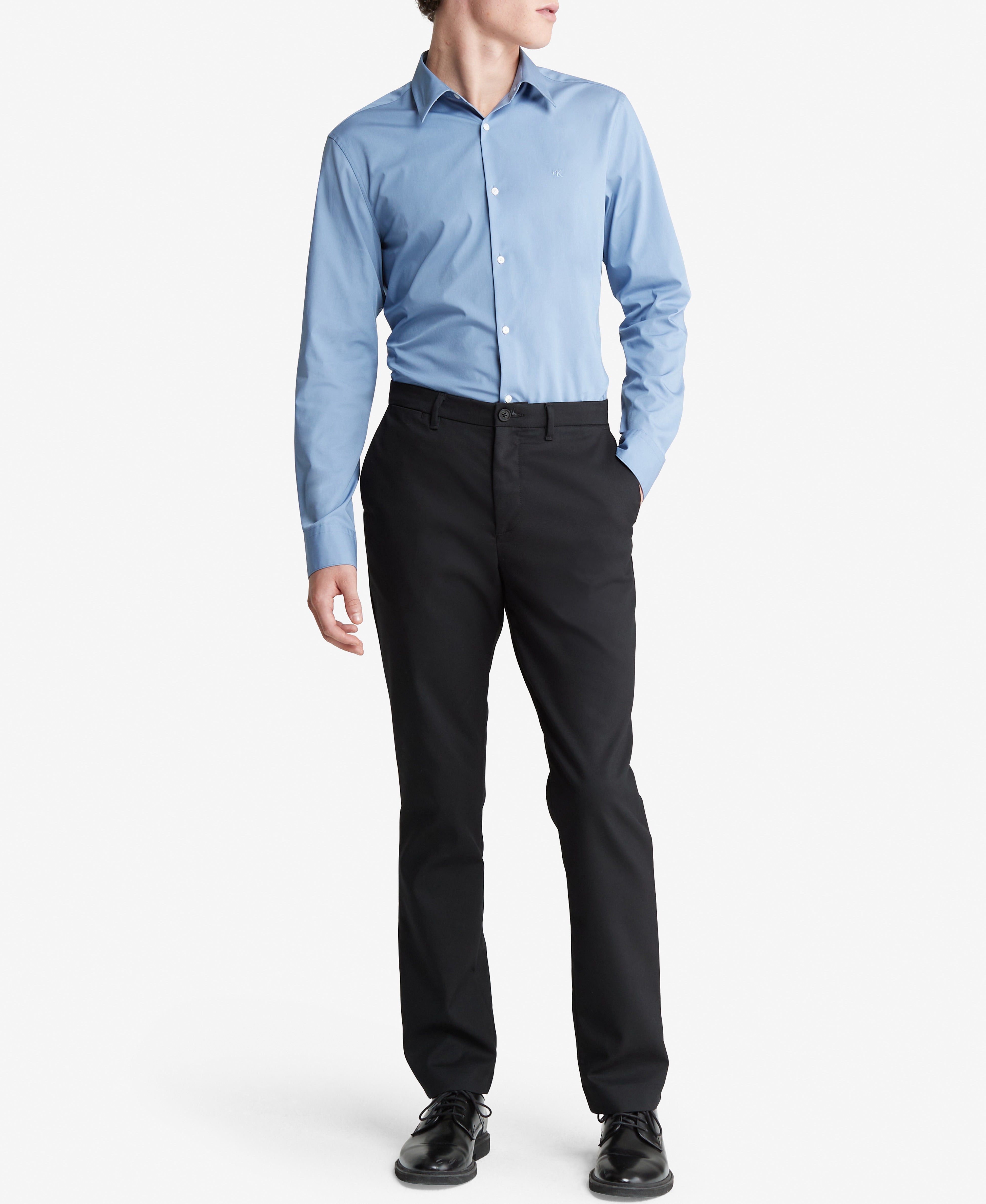  Calvin Klein Long Sleeve Solid Stretch Slim Woven Shirt Blue - Blue - Bonton