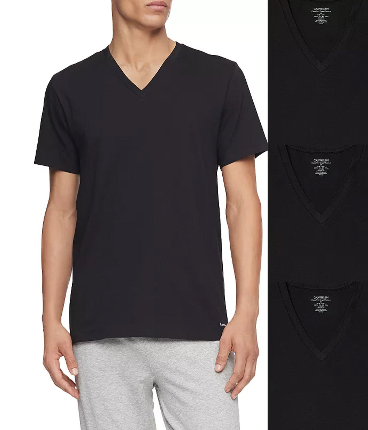  Calvin Klein Cotton Classics Short Sleeve V-Neck Classic Fit 3 Pack Tee - Black - Bonton