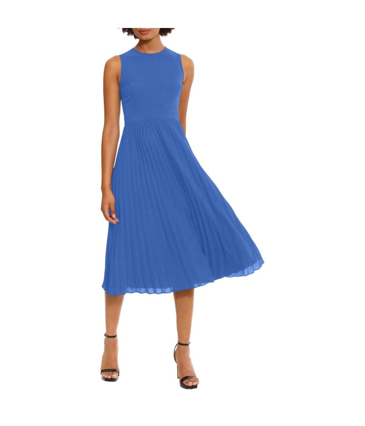  Donna Morgan Jewel Neck Sunburst Pleated Dress - Princess Blue - Bonton