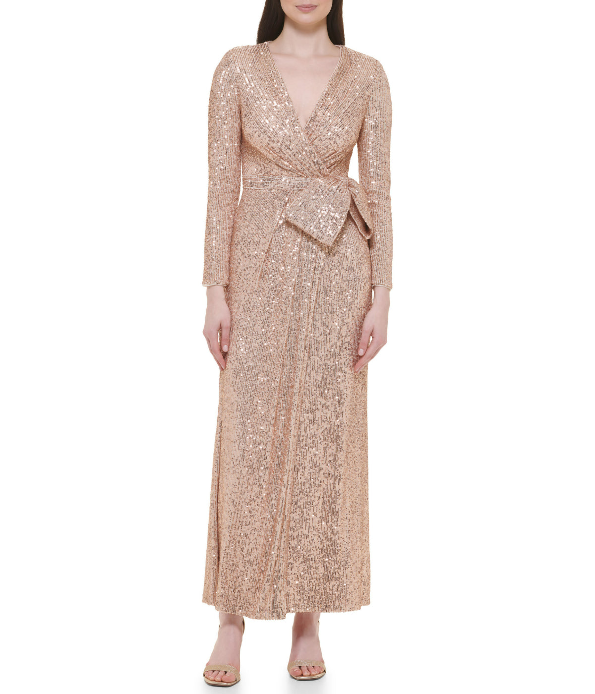  Eliza J Long Sleeve Surplice Wrap Sequin Gown With Bow Champagne - Champagne - Bonton