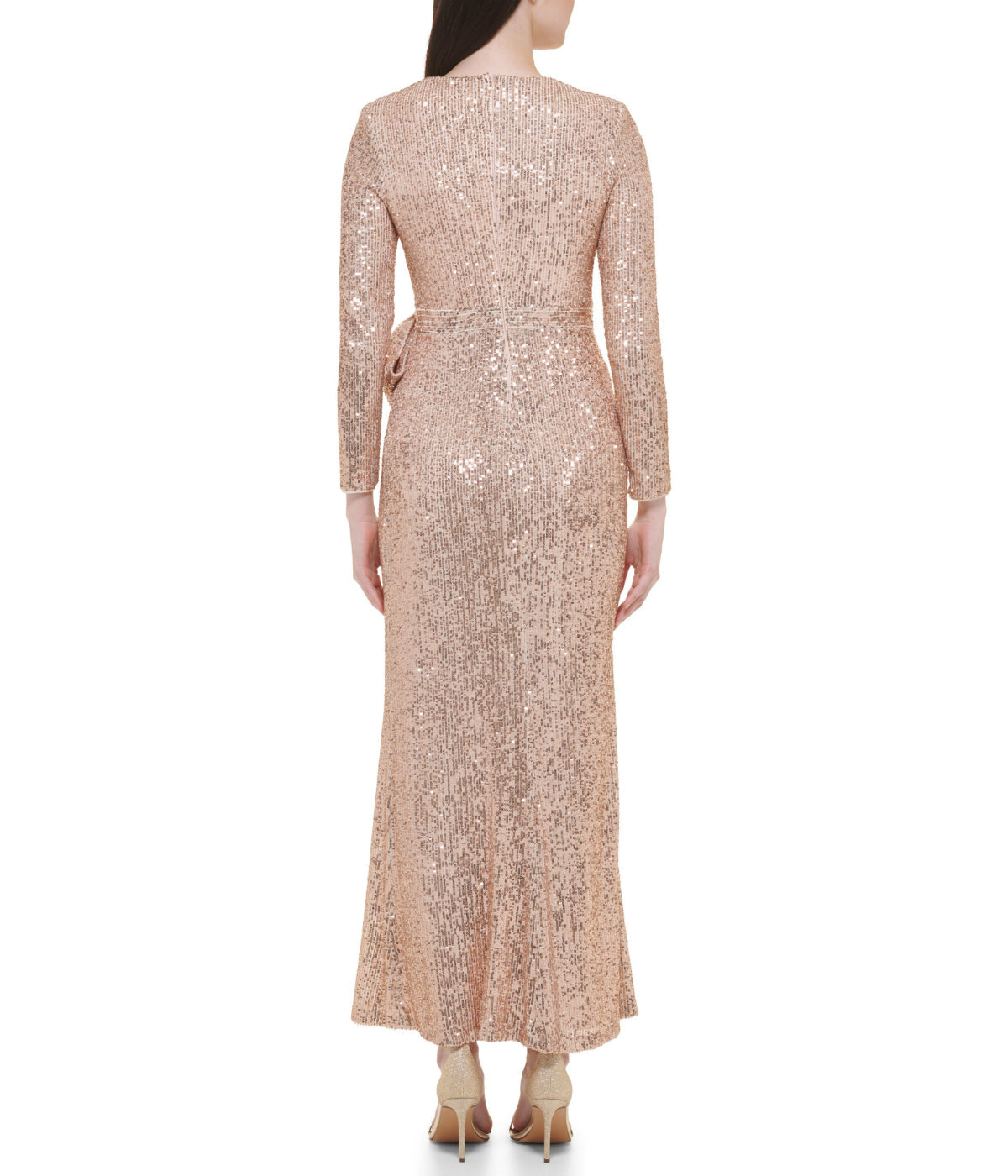  Eliza J Long Sleeve Surplice Wrap Sequin Gown With Bow Champagne - Champagne - Bonton