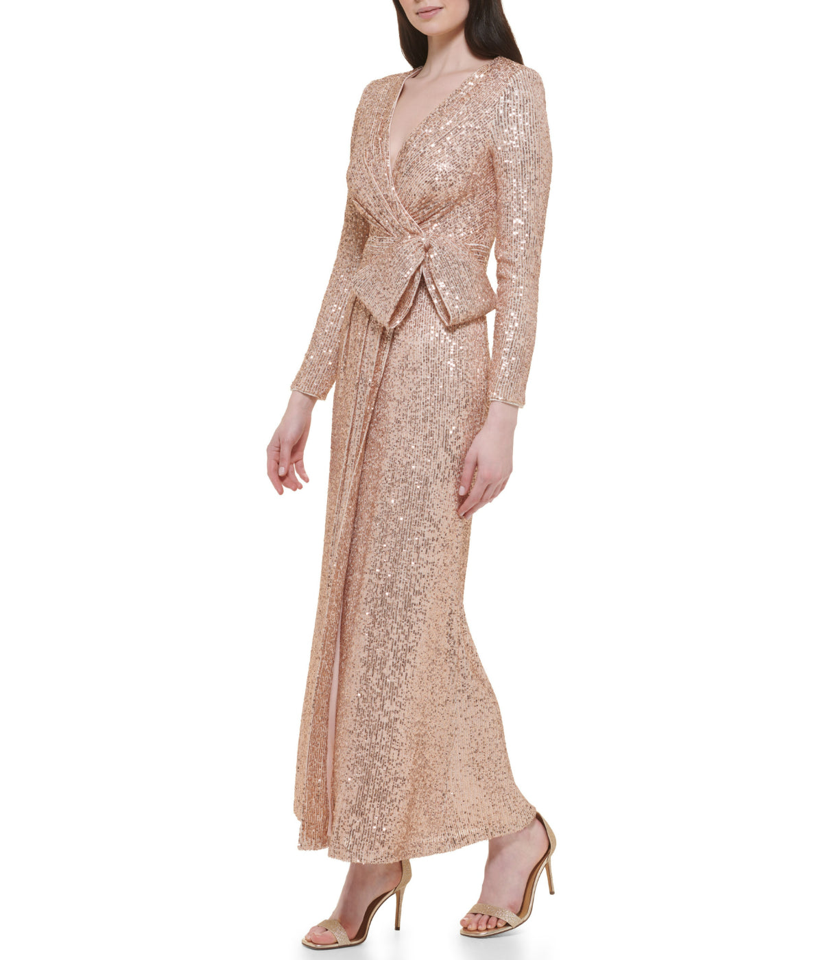  Eliza J Long Sleeve Surplice Wrap Sequin Gown With Bow Champagne - Champagne - Bonton