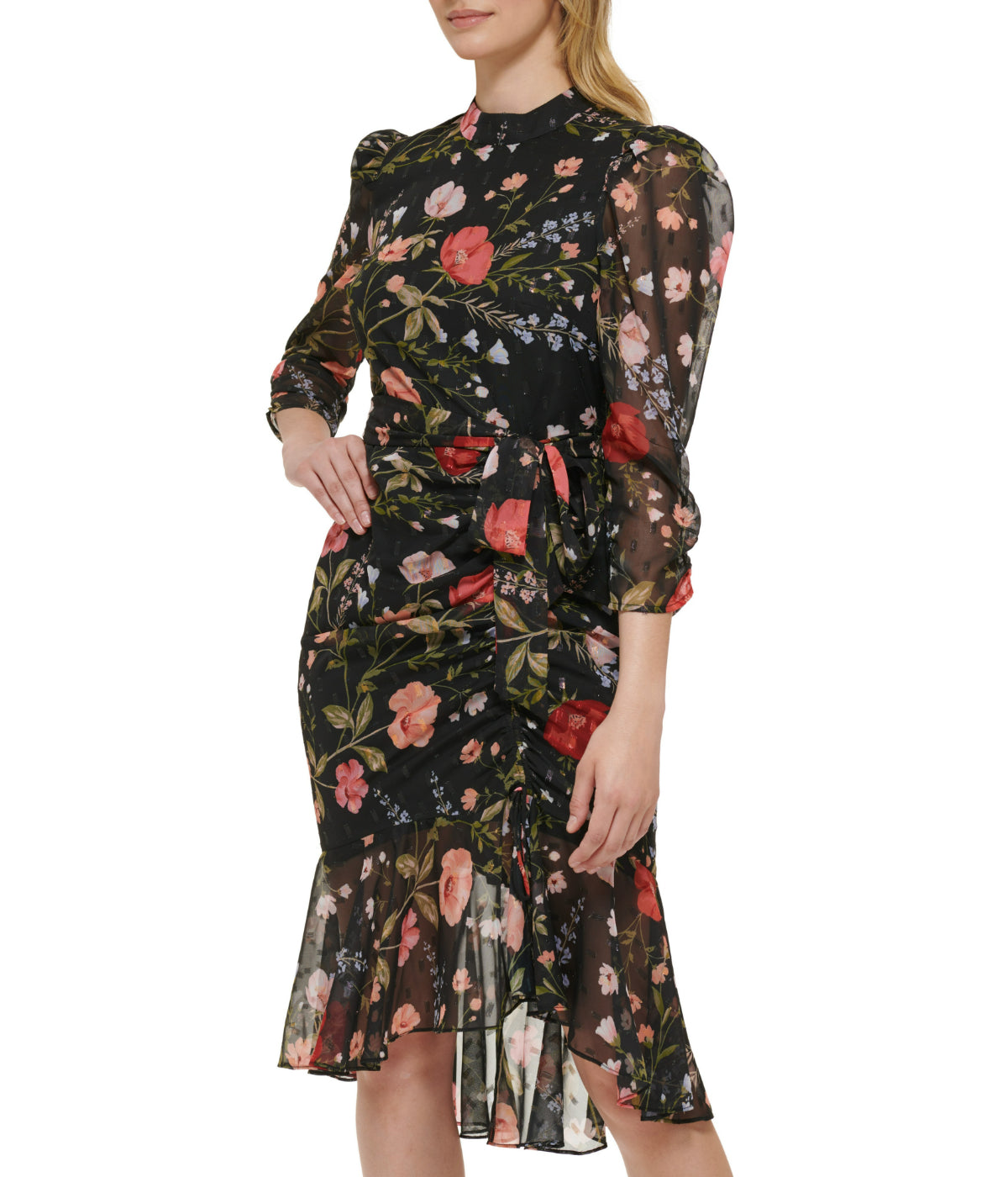  Eliza J Slim Ruched Sleeve Dress With Mock Neck Black - Black - Bonton