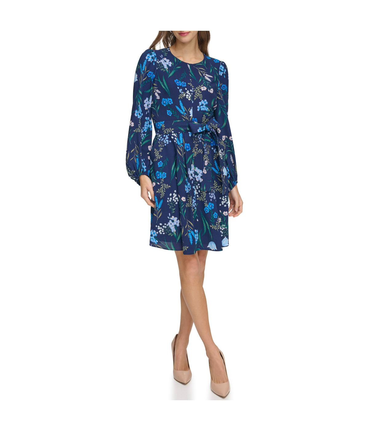 Eliza J Jewel Neck Long Sleeve Fit & Flare With Trapunto Belt Navy - Navy - Bonton