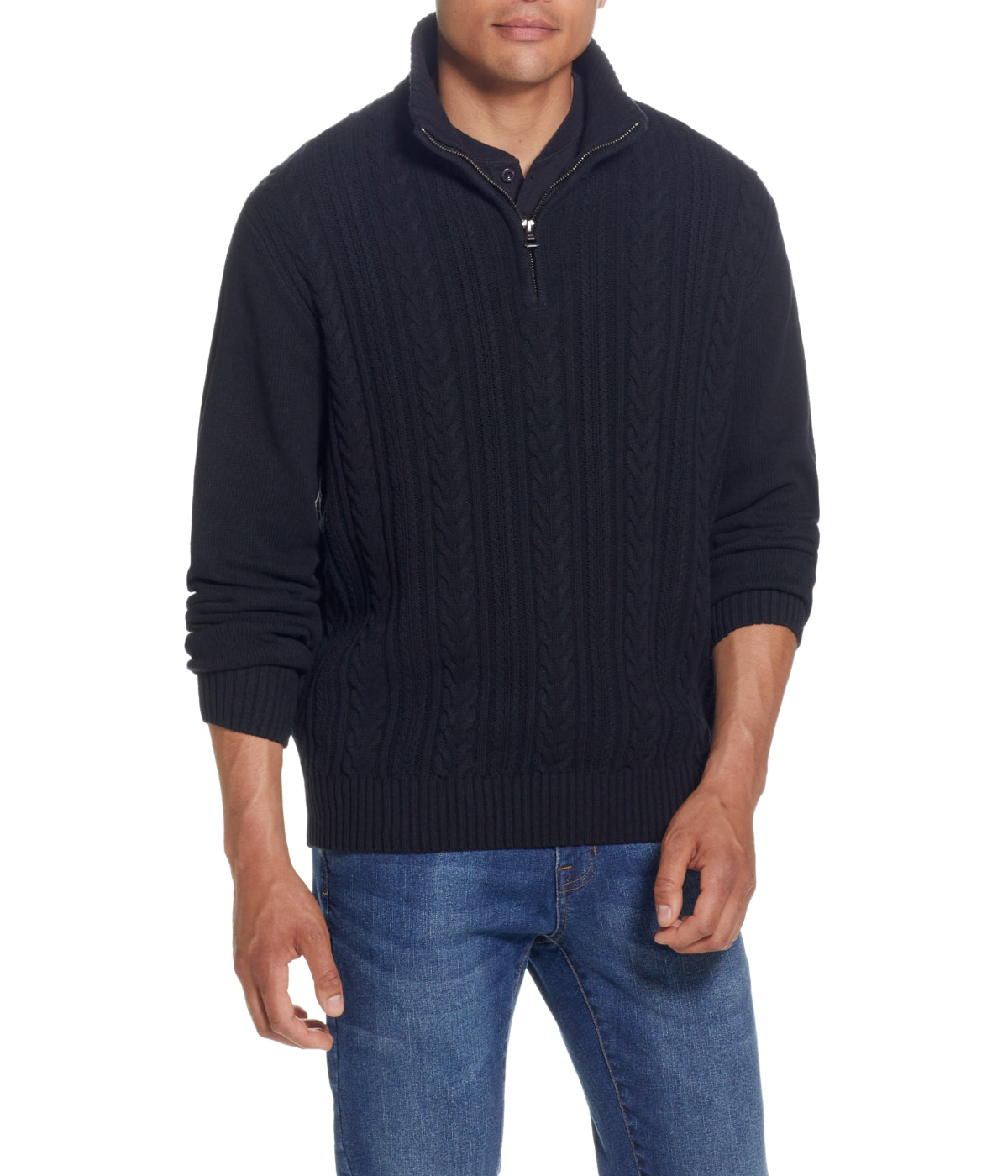  WEATHERPROOF VINTAGE Cable Knit Quarter Zip Sweater Black - Black - Bonton