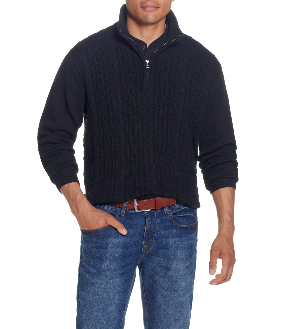  WEATHERPROOF VINTAGE Cable Knit Quarter Zip Sweater Black - Black - Bonton