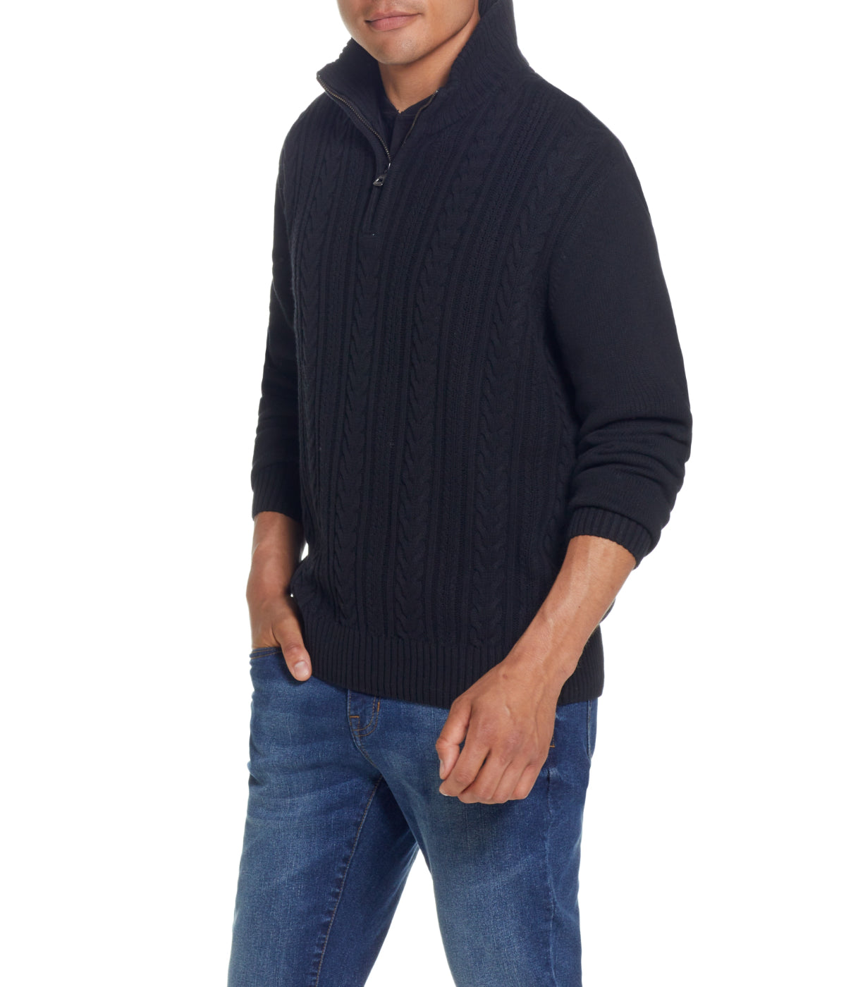  WEATHERPROOF VINTAGE Cable Knit Quarter Zip Sweater Black - Black - Bonton