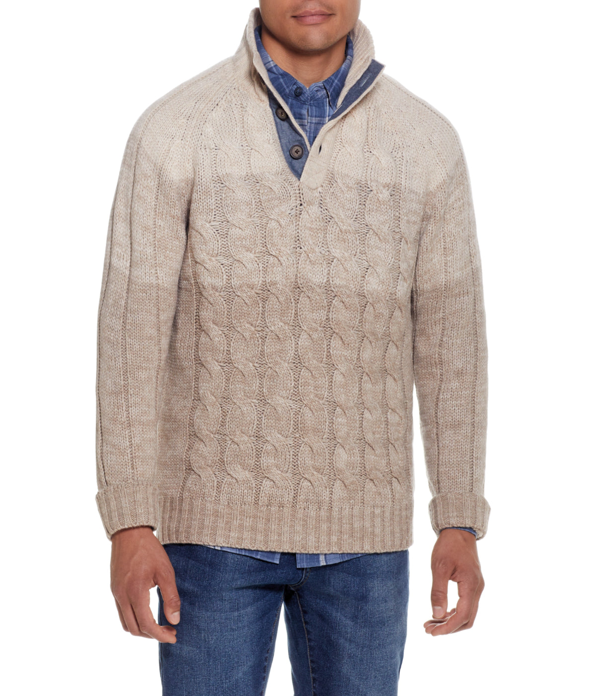  WEATHERPROOF VINTAGE Ombre Cable Button Mock Neck Sweater Beige Marl - Beige Marl - Bonton