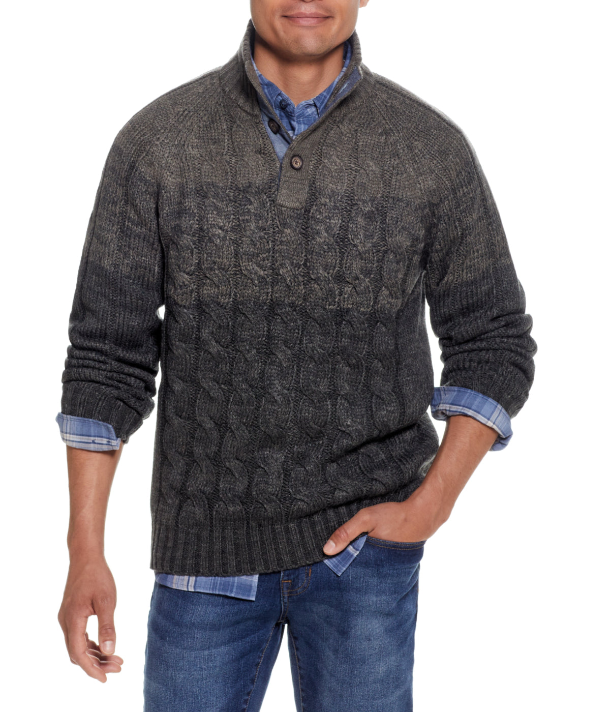  WEATHERPROOF VINTAGE Ombre Cable Button Mock Neck Sweater Camouflage Marl - Camouflage Marl - Bonton