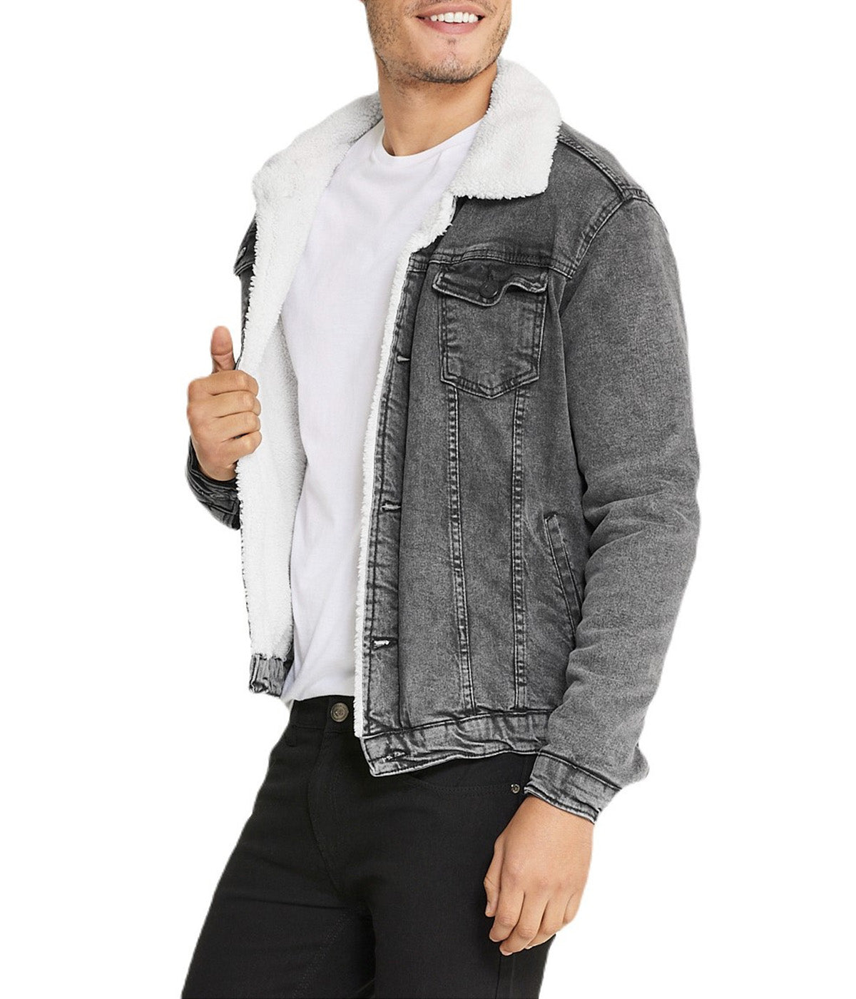  i8 Excel Sherpa Collar Gray Denim Jacket - Smoked - Bonton