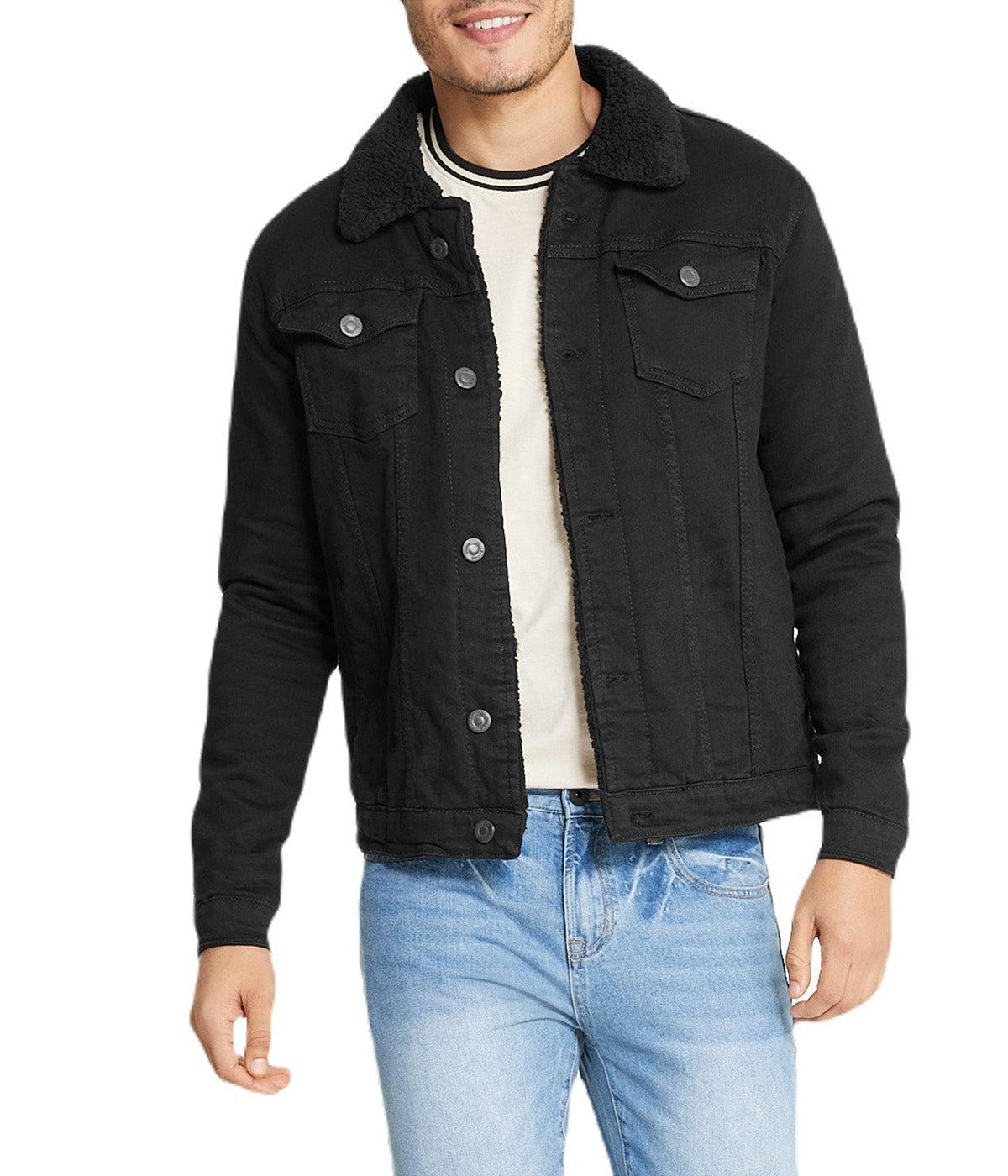  i8 Excel Black Sherpa Collar Black Denim Jacket - Black - Bonton