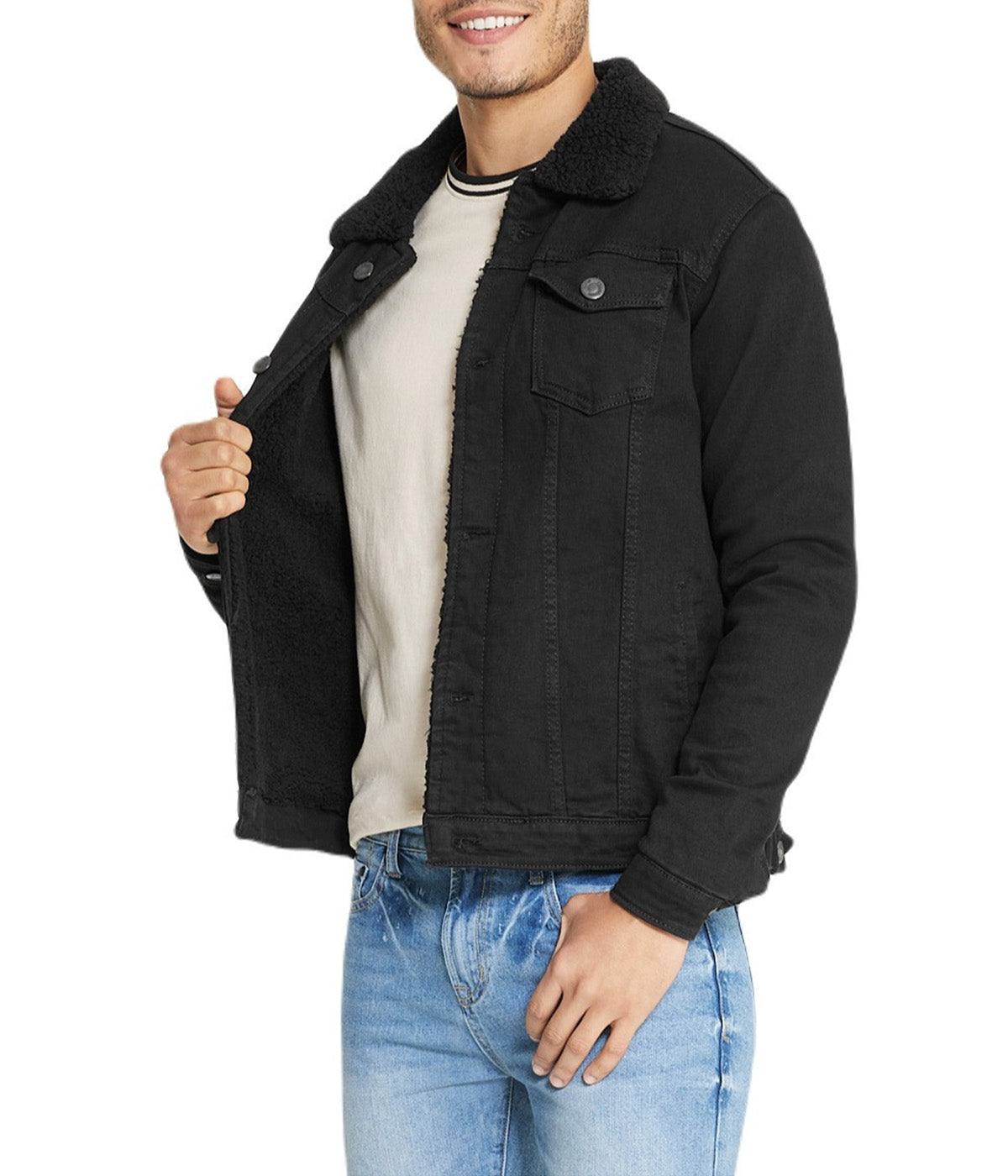  i8 Excel Black Sherpa Collar Black Denim Jacket - Black - Bonton