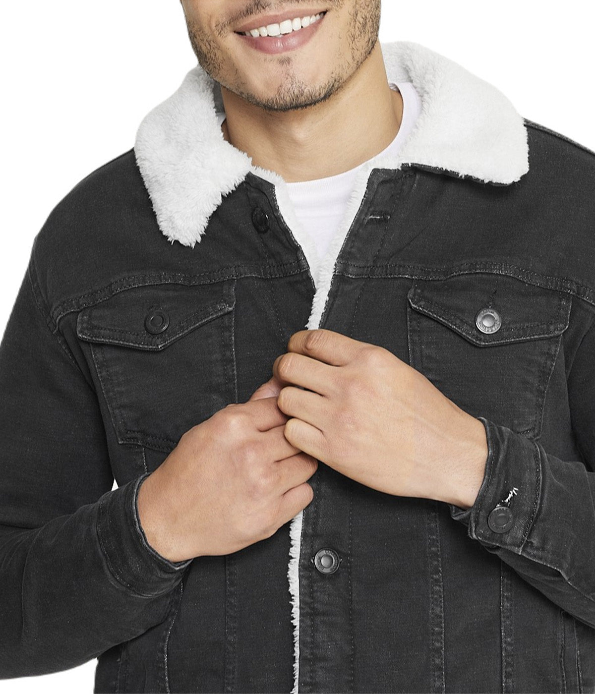 i8 Excel Sherpa Collar Black Denim Jacket - Black - Bonton