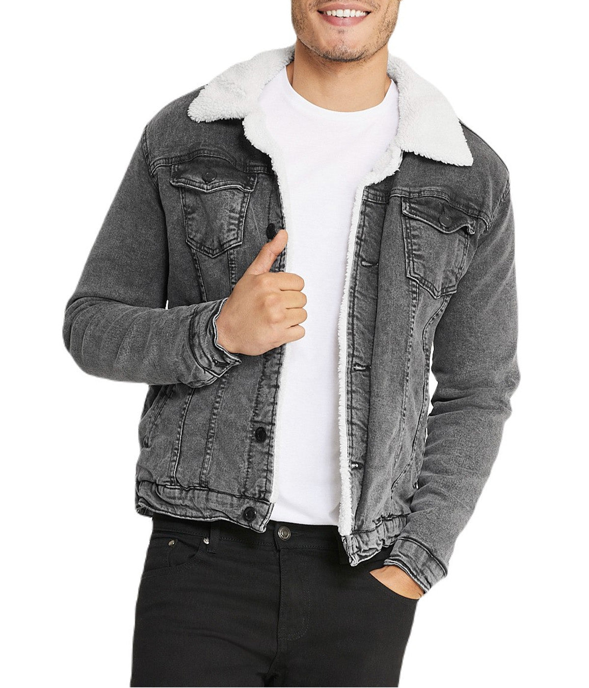  i8 Excel Sherpa Collar Gray Denim Jacket - Smoked - Bonton