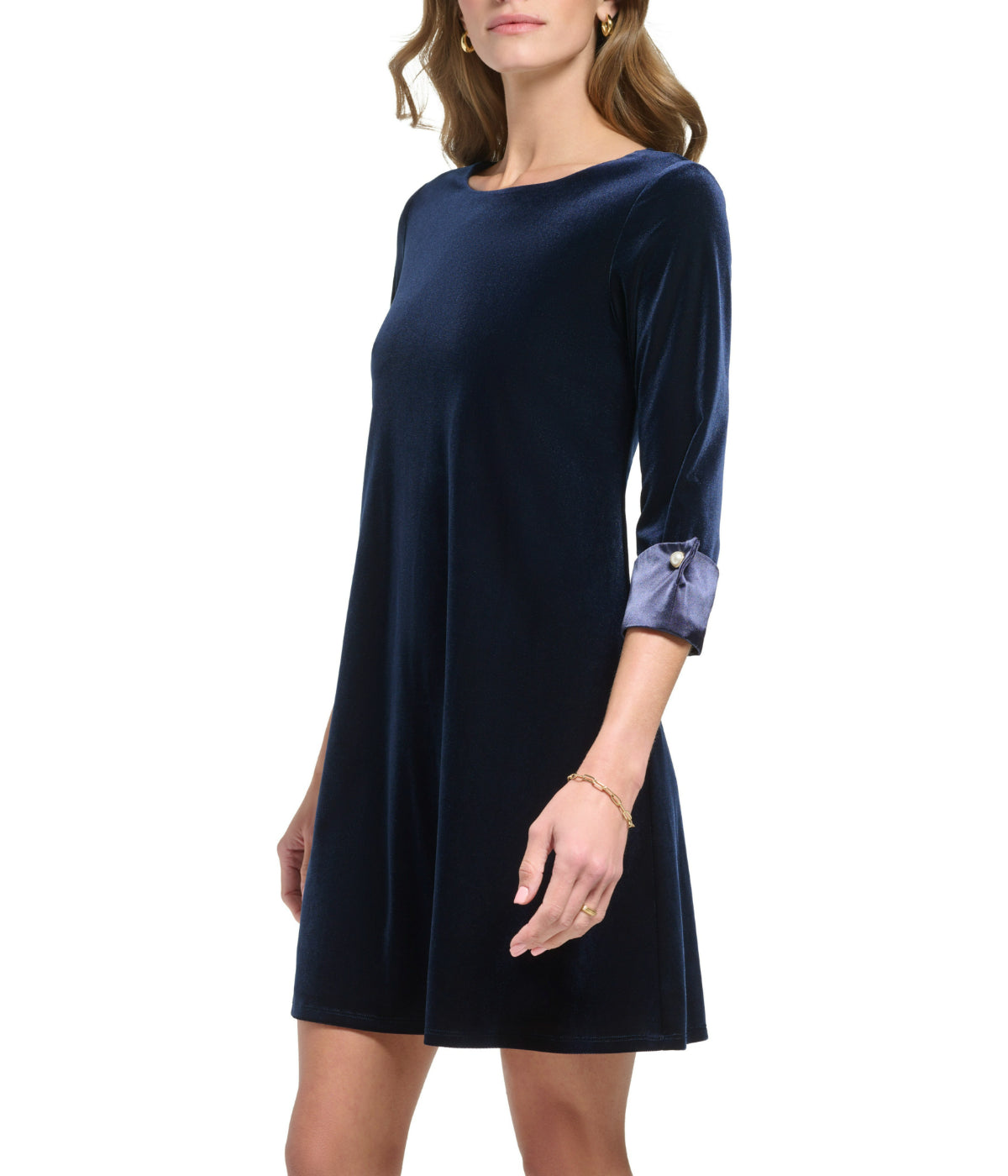  Jessica Howard 1 Pc 3/4 Cuff Sleeve Trap Velvet/Satin Dress Navy - Navy - Bonton