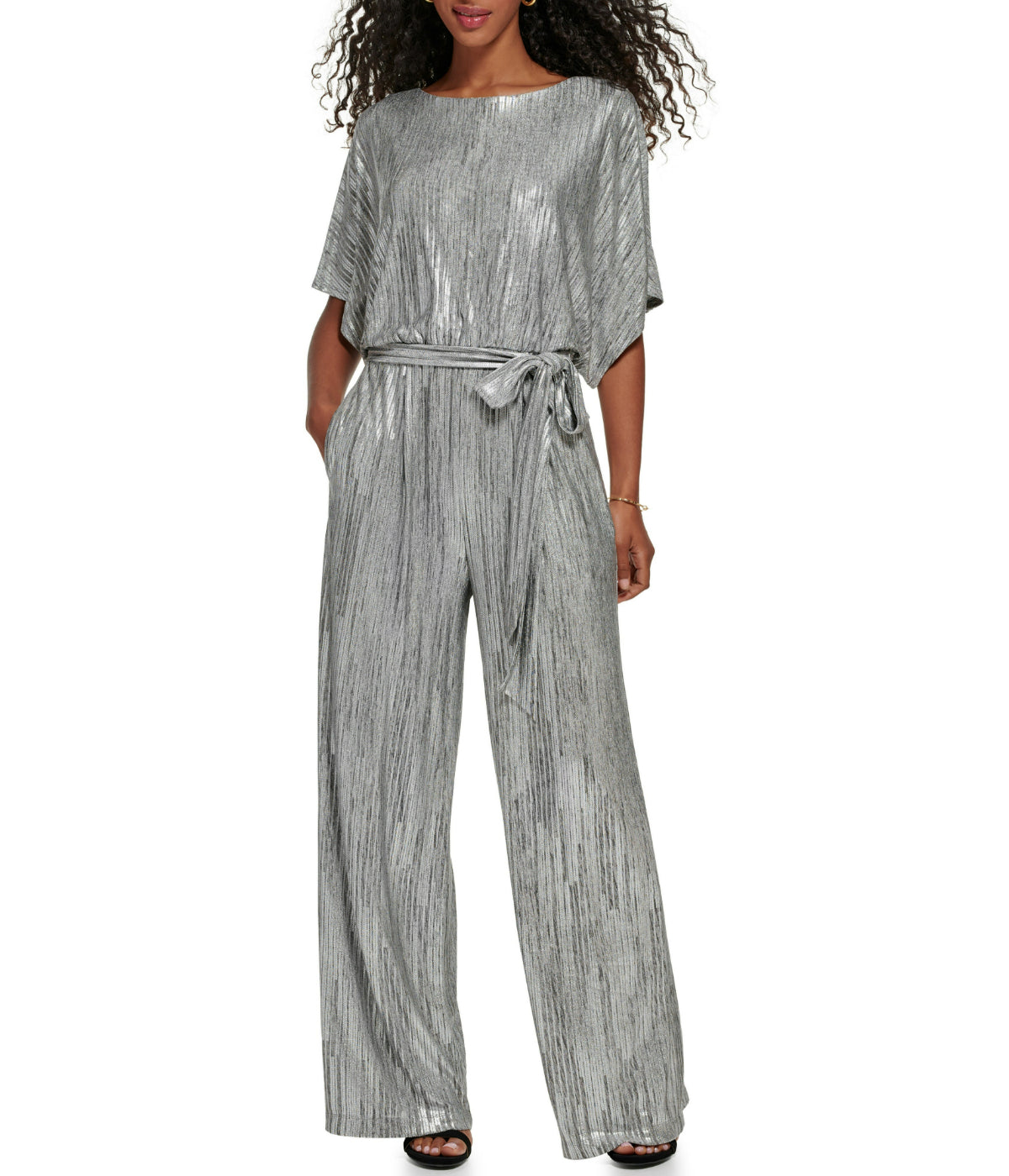  Jessica Howard 1Pc Dolman Sleeve Blouson Jumpsuit W/ Tie Sash Silver - Silver - Bonton