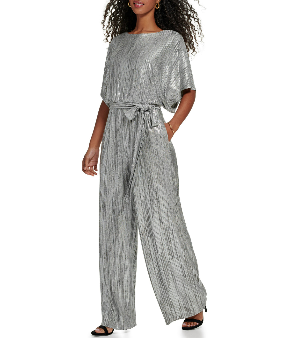  Jessica Howard 1Pc Dolman Sleeve Blouson Jumpsuit W/ Tie Sash Silver - Silver - Bonton