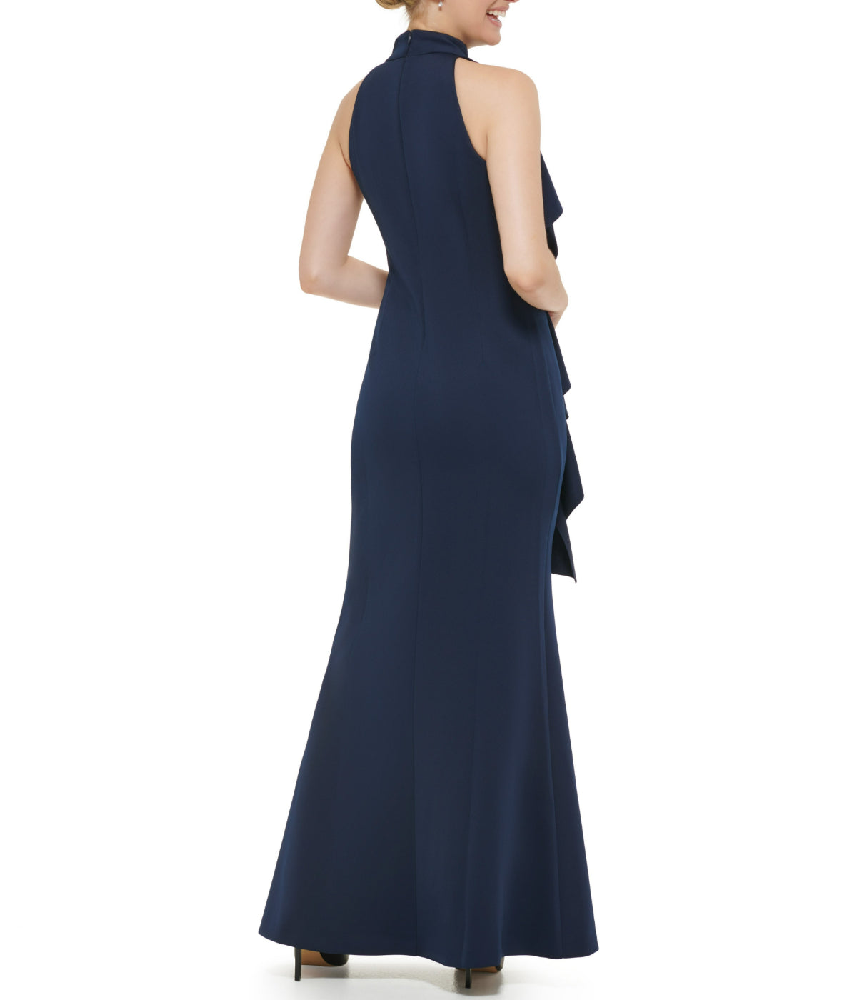  Jessica Howard 1Pc Sleeveless Mock Neck Cascade Ruffle Gown W/ Slit At Hem Navy - Navy - Bonton