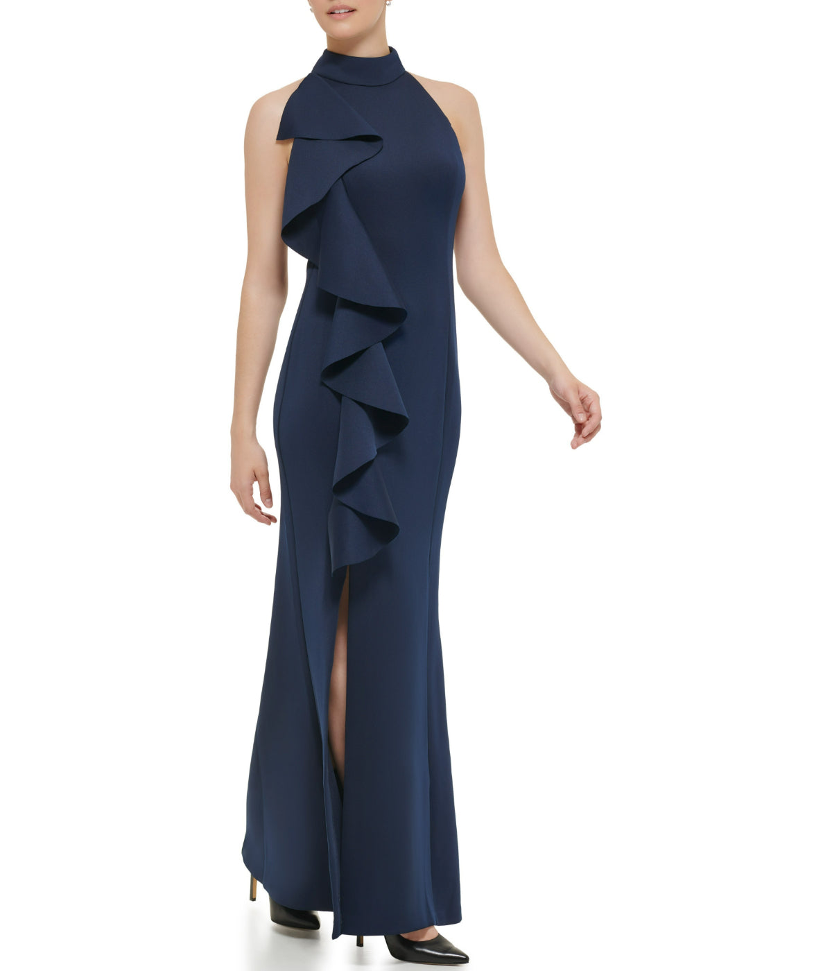  Jessica Howard 1Pc Sleeveless Mock Neck Cascade Ruffle Gown W/ Slit At Hem Navy - Navy - Bonton